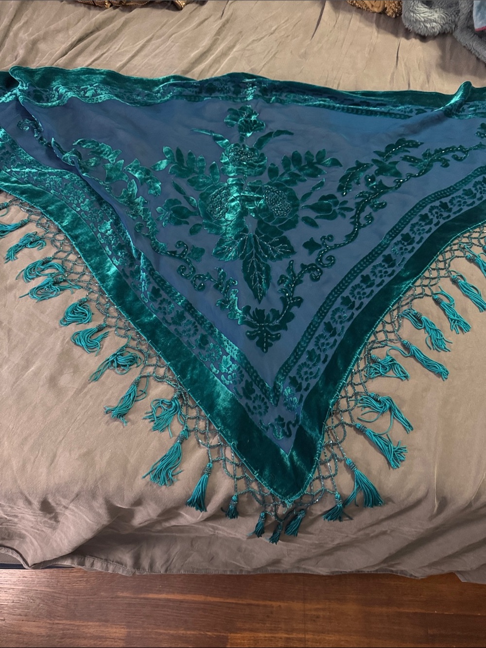 Kirks Folly Teal Velvet Embroidered Triangle Shawl with Tassels